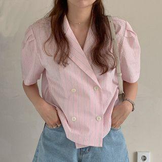 Puff-sleeve Striped Double-breasted Blazer
