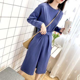 Long-sleeve Tie-waist Midi Knit Dress
