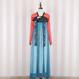 Tie-front Blouse / Embroidered Strapless Maxi Dress / Embroidered Flats