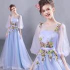 3/4-sleeve Floral Detail Maxi Wedding Dress