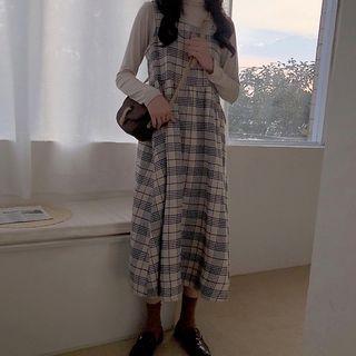 Mock-turtleneck Long-sleeve T-shirt / Plaid Midi Pinafore Dress