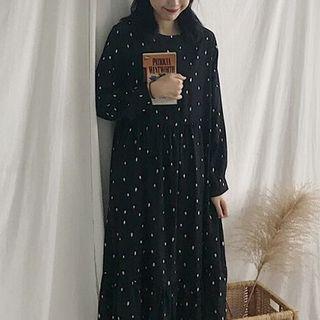 Polka Dot Ruffled-trim Chiffon Long-sleeve Dress