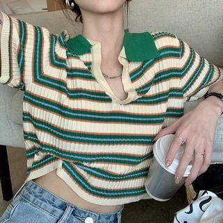 Short-sleeve Collar Striped T-shirt Green - One Size