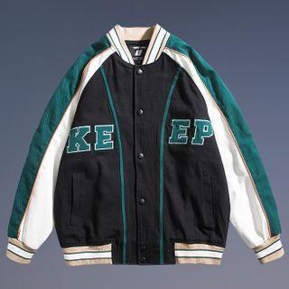 Lettering Print Color Block Baseball Jacket
