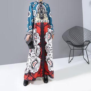 Long-sleeve Patterned Midi A-line Shirtdress Blue & Red - One Size