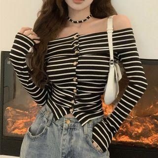 Long-sleeve Off-shoulder Striped Button-up Top