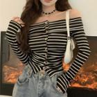 Long-sleeve Off-shoulder Striped Button-up Top