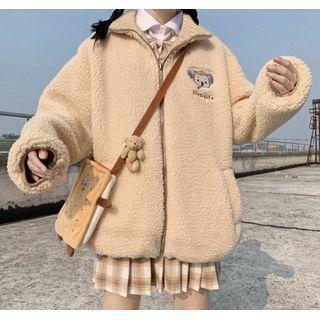 Koala Embroidered Faux Shearling Zip Jacket