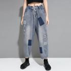 Applique Drawstring Cropped Baggy Jeans Light Gray - One Size