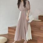 Short-sleeve Accordion Pleat A-line Maxi Dress As Shown In Figure - One Size