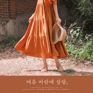 Flutter-sleeve Tiered Linen Long Dress