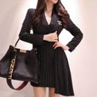 Striped Double-breasted Long-sleeve A-line Dress