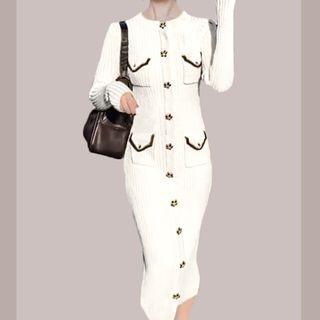 Long-sleeve Rhinestone Button-up Knit Midi Sheath Dress