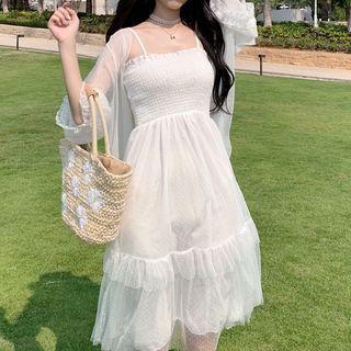 Spaghetti Strap Dotted A-line Mesh Dress / Balloon-sleeve Jacket