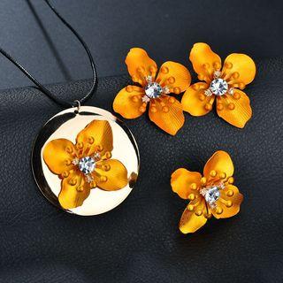 Set: Rhinestone Floral Necklace + Ring + Statement Earring