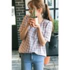 V-neck Short-sleeve Plaid Blouse
