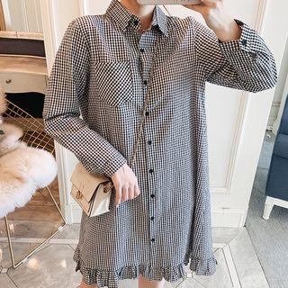 Plaid Ruffle Hem Long-sleeve Shirtdress
