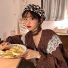 Set: Lace Panel V-neck Blouse + Tasseled Choker