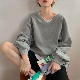 V-neck Plain Loose-fit Sweatshirt