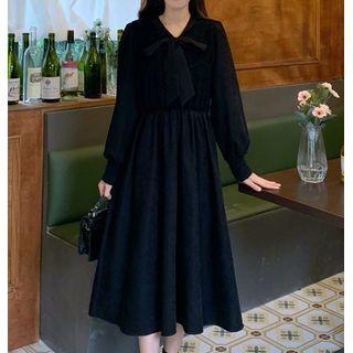 Long-sleeve Lace Panel Tie-neck Midi Dress