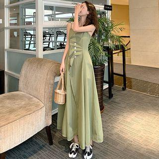 Plain Strappy Midi A-line Dress Green - One Size