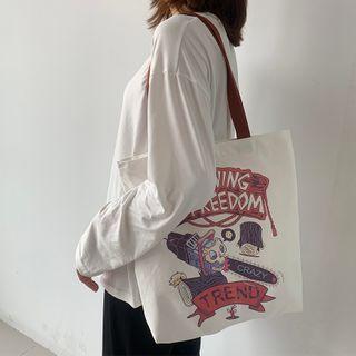 Contrast Strap Printed Tote Bag Coffee - One Size