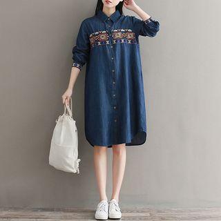 Long-sleeve Embroidered Panel Midi Denim Shirtdress