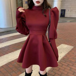 Puff-sleeve Slim Fit Plain Dress