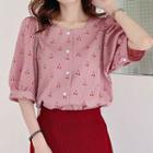 Short-sleeve Cherry Print Blouse Red - One Size