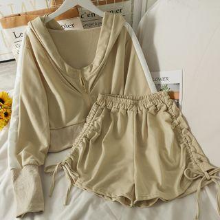 Set: V-neck Hooded Light Jacket + Drawstring-side A-line Shorts
