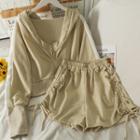 Set: V-neck Hooded Light Jacket + Drawstring-side A-line Shorts