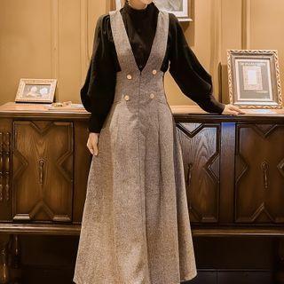 Set: Puff-sleeve Buttoned Blouse + Double Breasted Midi Pinafore Dress