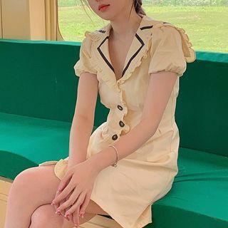 Puff-sleeve Notch Lapel Mini A-line Dress