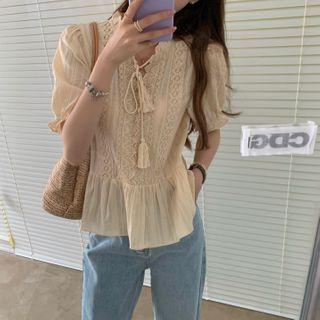 Short-sleeve Tasseled Ruffled Top Almond - One Size