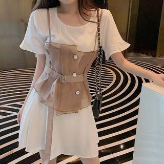 Short-sleeve Mini A-line Dress / Mesh Camisole Top