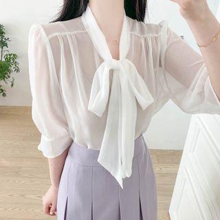 Scarf-neck See-through Blouse