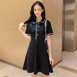 Short-sleeve Beaded Trim A-line Mini Dress