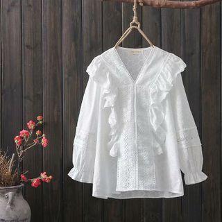 Long-sleeve Eyelet Lace Lace Trim Blouse