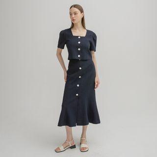 Button-trim Long Tweed Mermaid Skirt