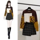 Leopard Print Panel Color Block Sweater / Plaid Mini A-line Skirt / Set