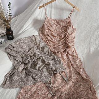 Spaghetti Strap Floral Print Shirred Midi A-line Dress