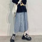 Elastic-waist Front Pocket Denim Midi Skirt