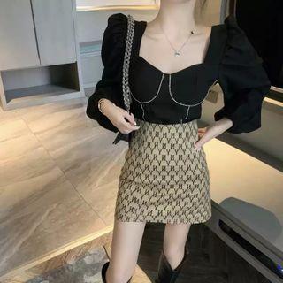 Set: Balloon-sleeve Top + Lettering Mini Pencil Skirt