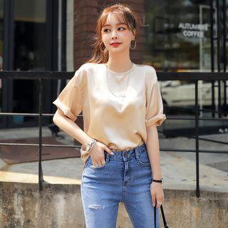 Elbow-sleeve Dip-back Satin Top