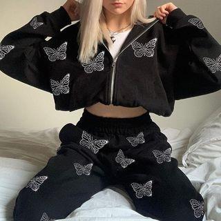 Butterfly Zip-up Hooded Jacket / Harem Sweatpants / Set