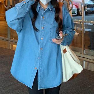 Plain Loose Fit Denim Shirt Washed Blue - One Size