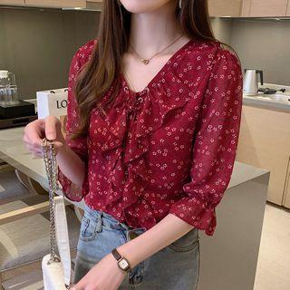 Floral Print Ruffled Bell-sleeve Blouse