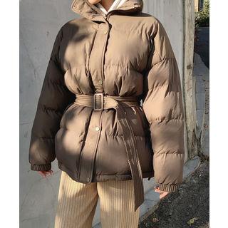 High-neck Puffer Jacket With Belt