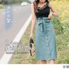 Tie-waist Single-breasted Midi Skirt