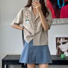 Short-sleeve Floral Embroidered Shirt / High Waist Pleated Skirt